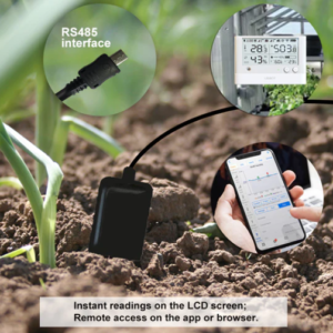 The soil temperature and moisture probe is shown in soil with a ws1-pro data logger, and phone. Soil PH Probe