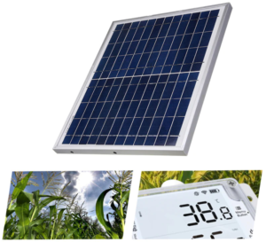 Solar cell panel shown with a field of corn and a GS1 environmental data logger