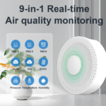 Indoor air quality monitor shown with the 9 types of environmental metrics it measures