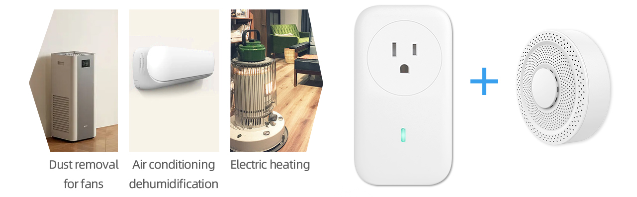 An Air quality sensor and SP1 smart plug are shown beside a air filter and HVAC system