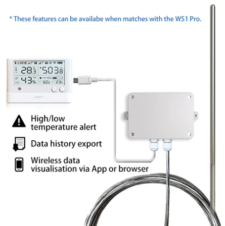 The pt100 temperature probe is shown connected to a ws1-pro data logger. PT100 RTD Sensor