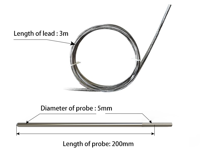Dimensions of the PT100 temperature probe cable and probe. PT100 RTD Sensor