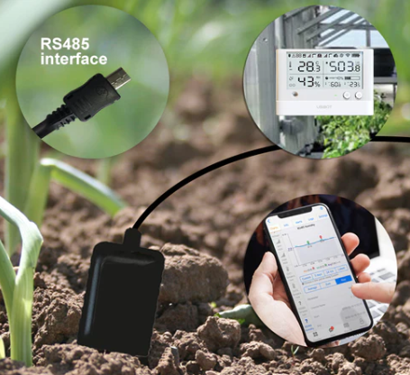 The soil temperature and moisture probe is shown in soil with a ws1-pro data logger, and phone. Soil PH probe